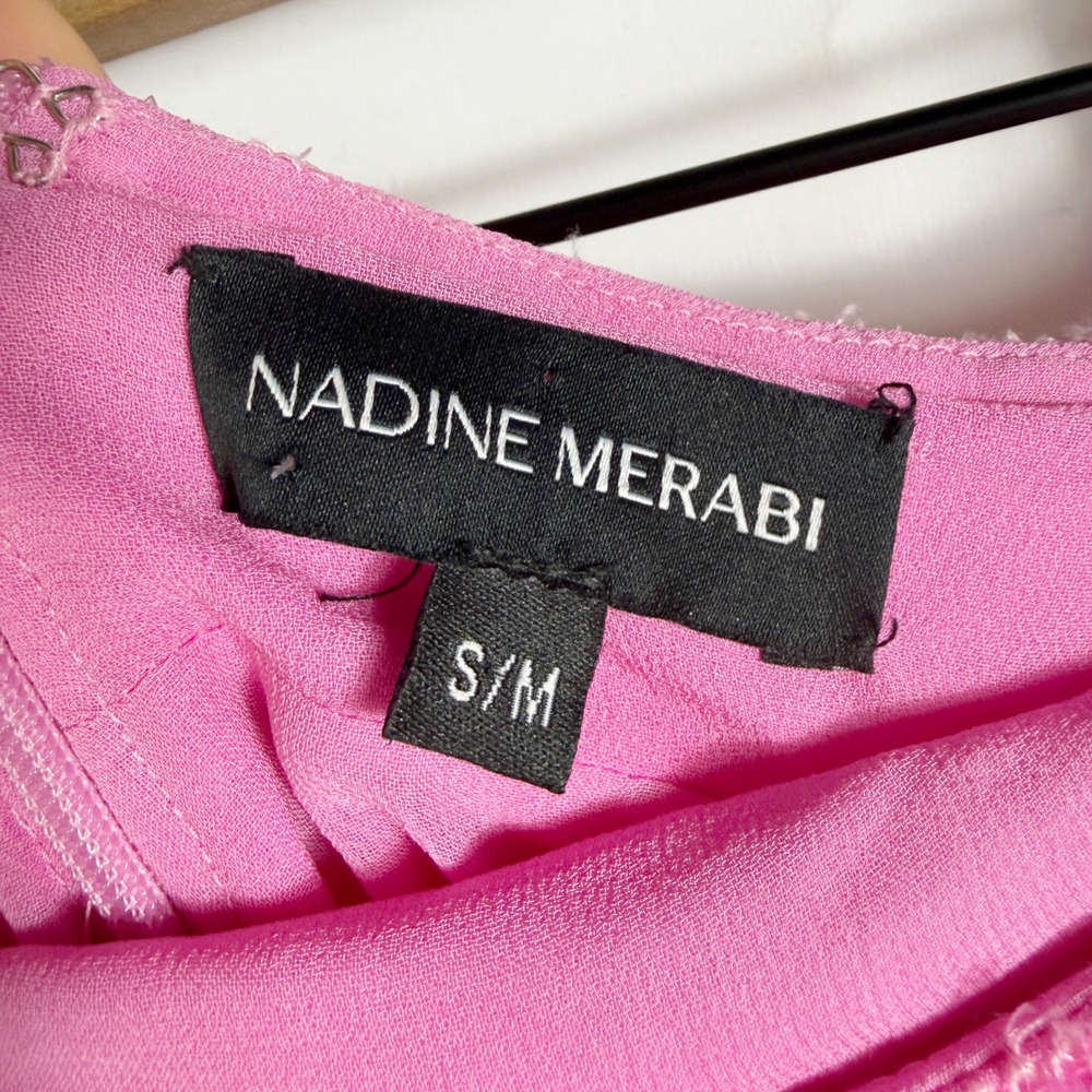 Nadine Merabi Sara Mini Skirt Pink Beaded Fringe Feather Trim Women Sz S/M - Picture 8 of 12